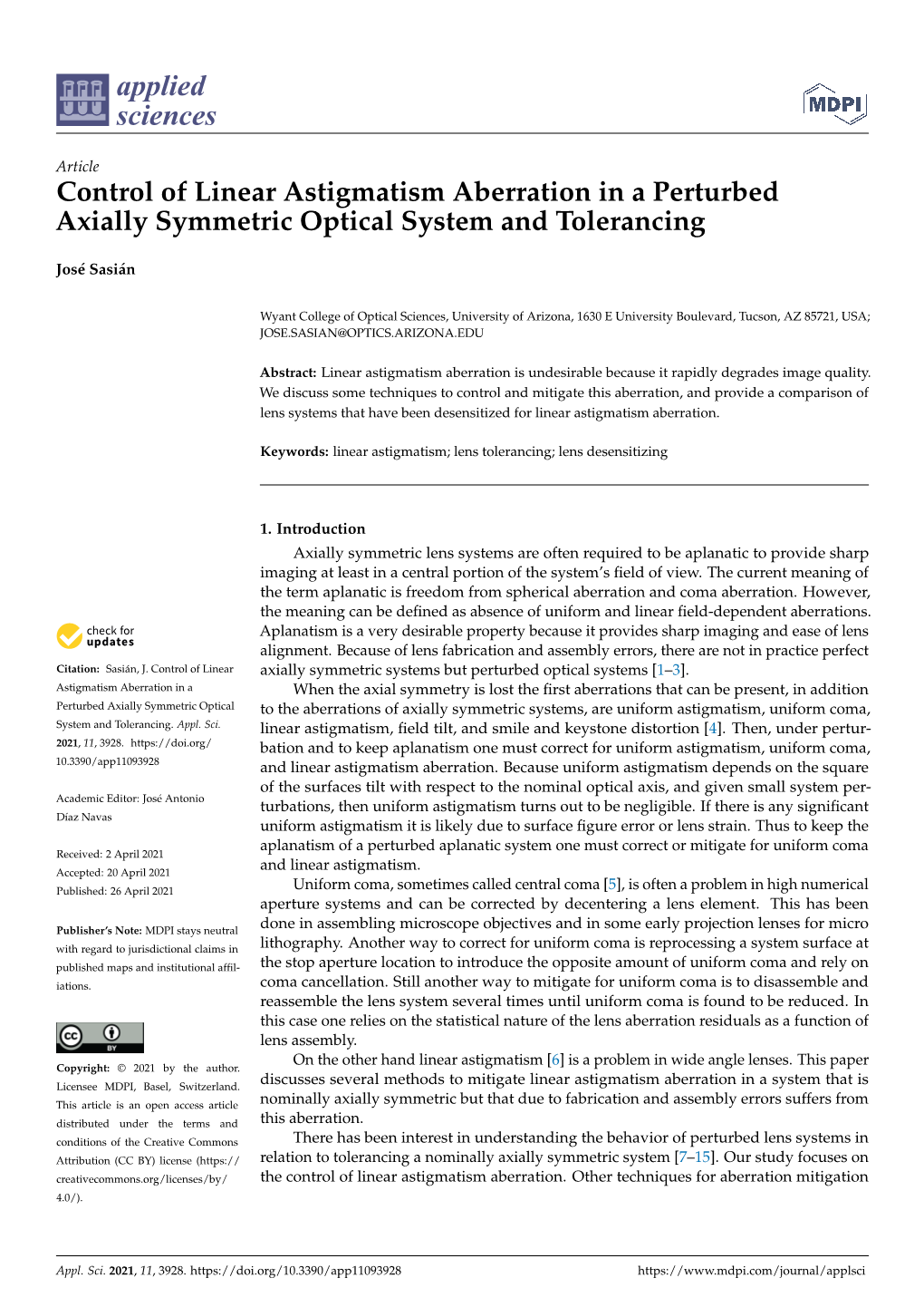 Control of Linear Astigmatism Aberration in a Perturbed Axially Symmetric Optical System and Tolerancing