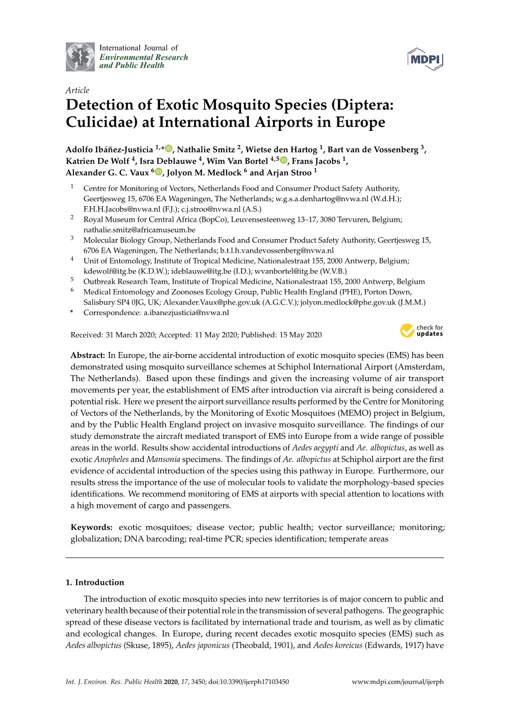 Detection of Exotic Mosquito Species (Diptera: Culicidae) at International Airports in Europe
