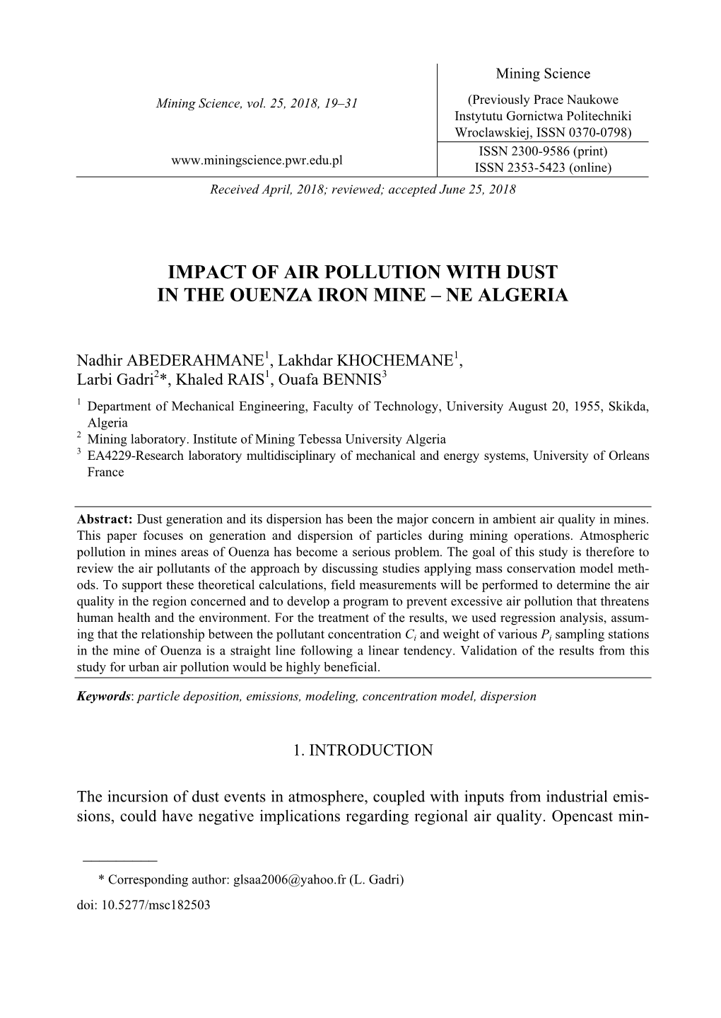 Impact of Air Pollution with Dust in the Ouenza Iron Mine – Ne Algeria