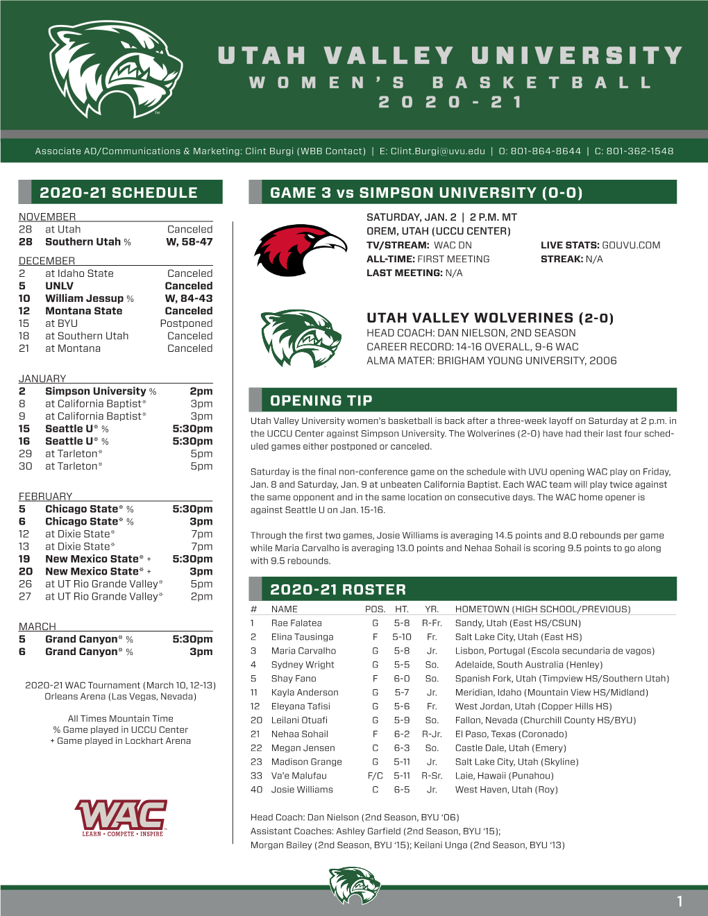 1 2020-21 SCHEDULE GAME 3 Vs SIMPSON UNIVERSITY (0-0