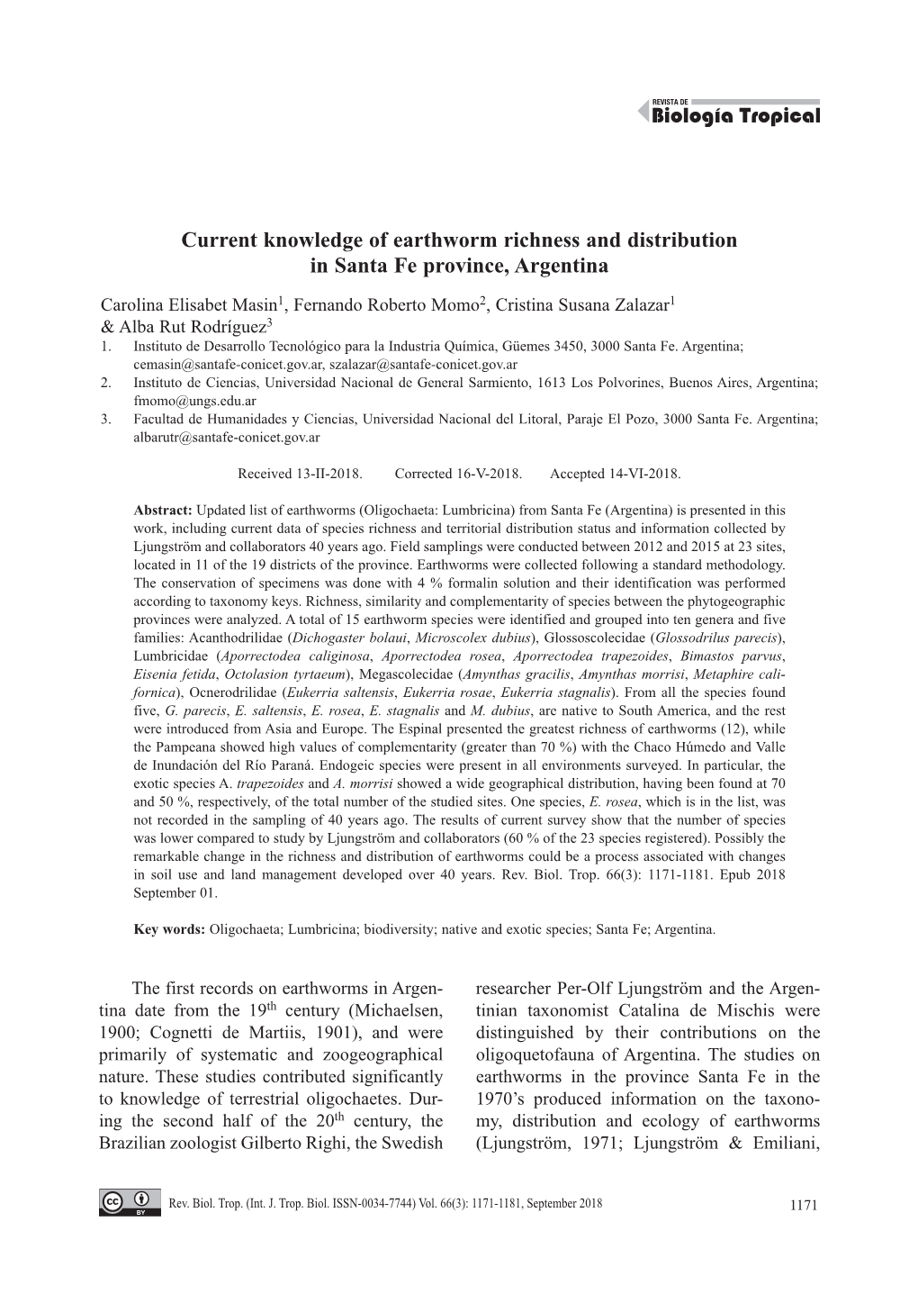 Current Knowledge of Earthworm Richness and Distribution in Santa Fe Province, Argentina