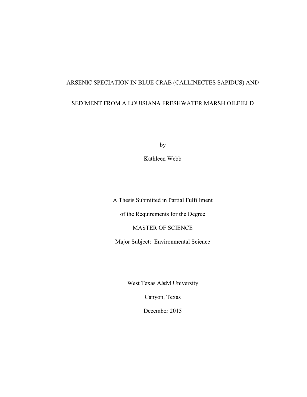 Arsenic Speciation in Blue Crab (Callinectes Sapidus) And