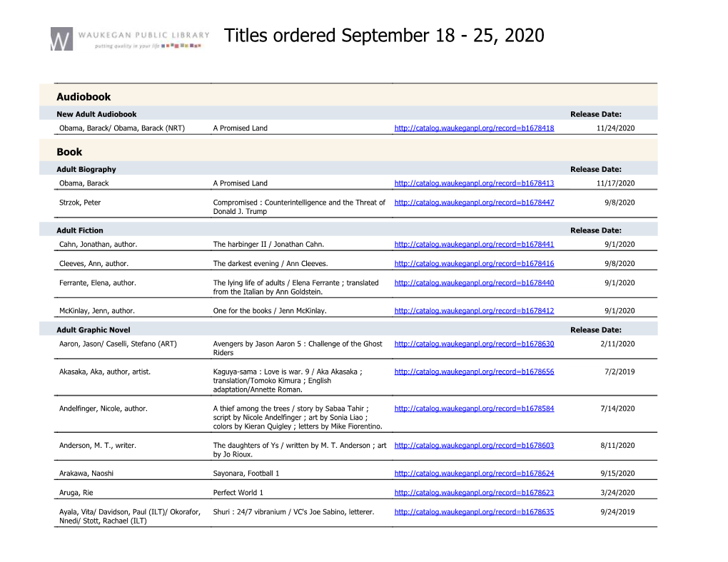 Titles Ordered September 18 - 25, 2020