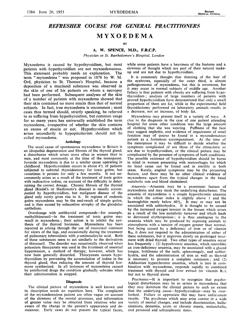 Myxoedema 1384 Junf 20, 1953 Myxoedema Medical Journal