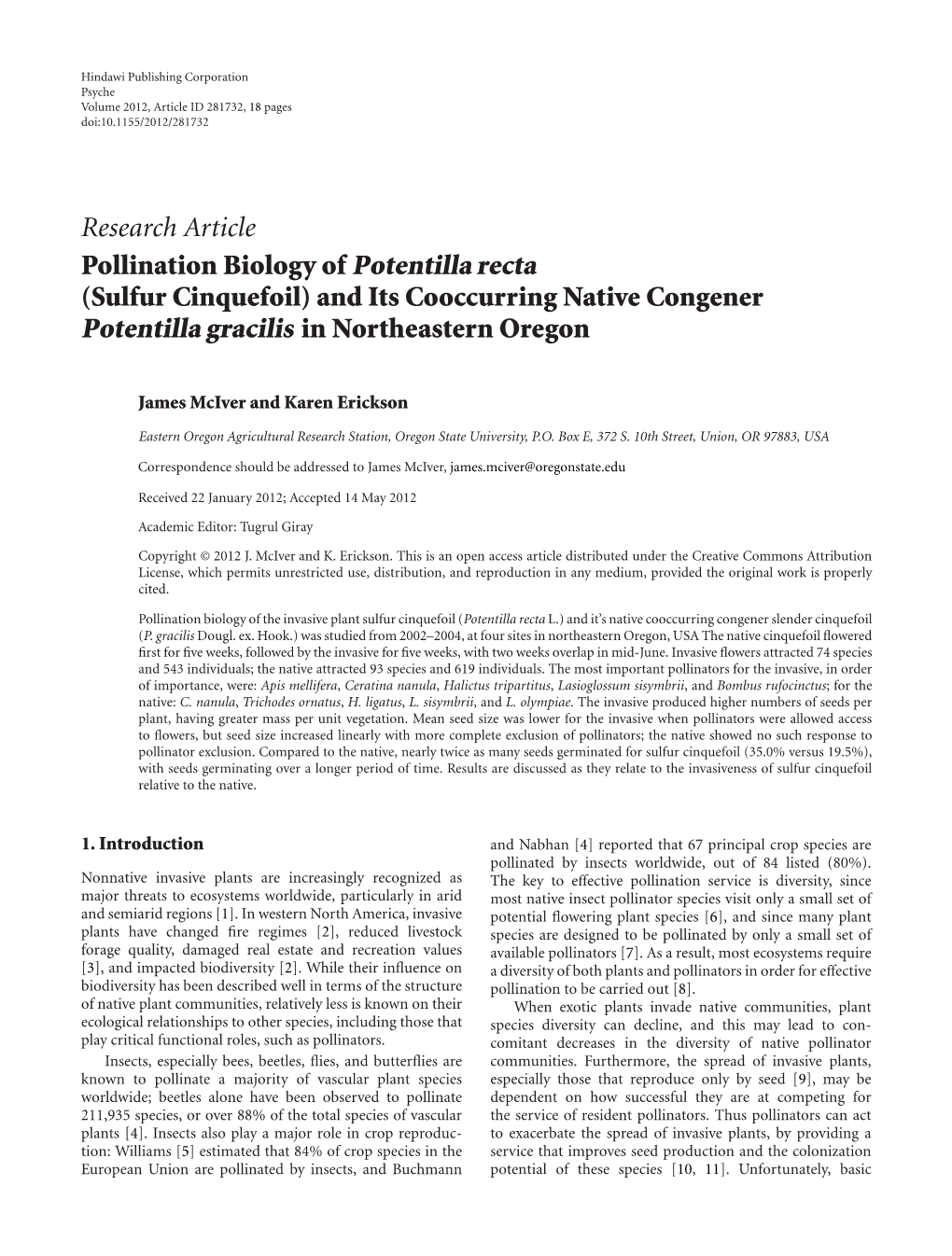 Pollination Biology of Potentilla Recta (Sulfur Cinquefoil) and Its Cooccurring Native Congener Potentilla Gracilis in Northeastern Oregon