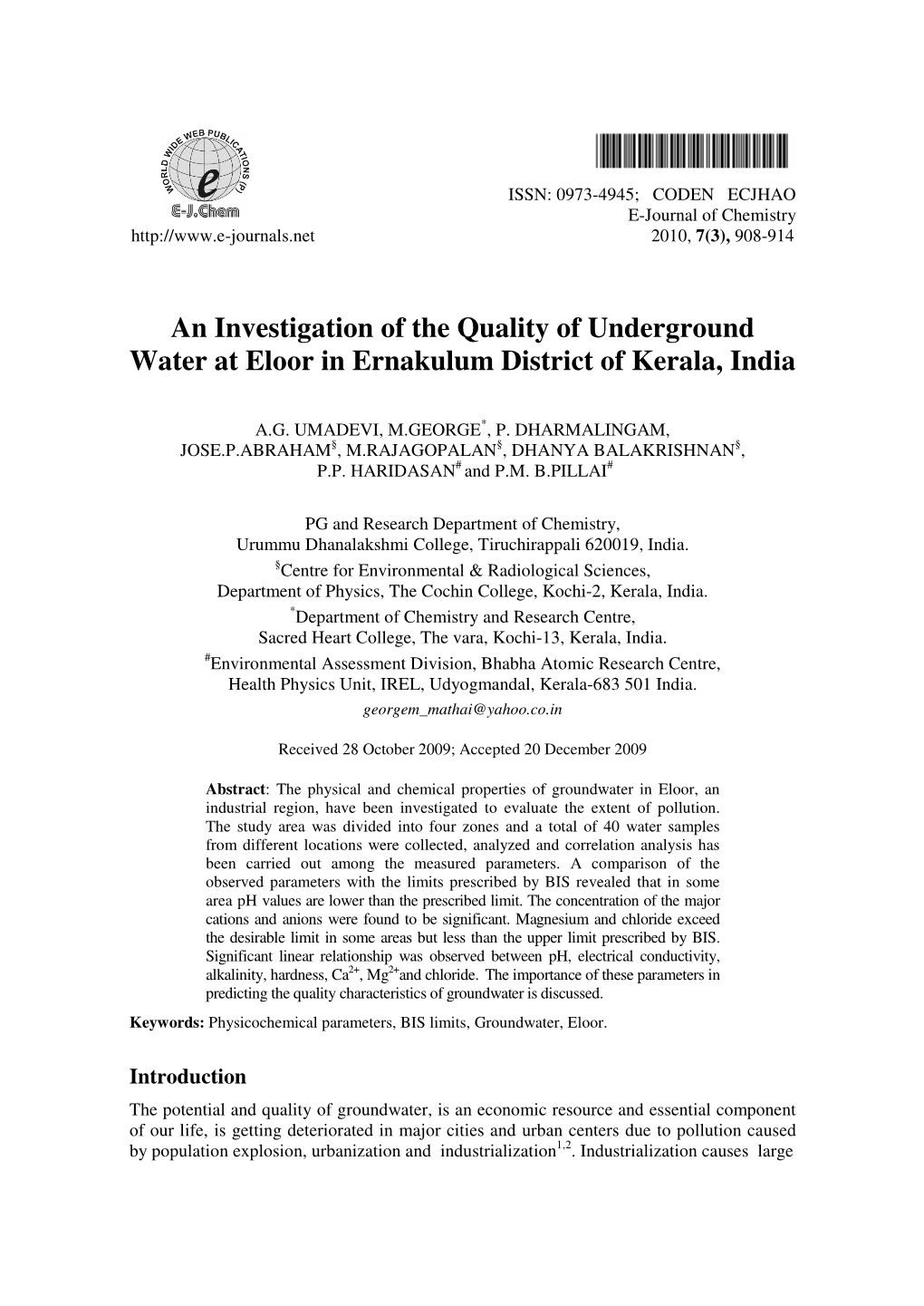 An Investigation of the Quality of Underground Water at Eloor in Ernakulum District of Kerala, India