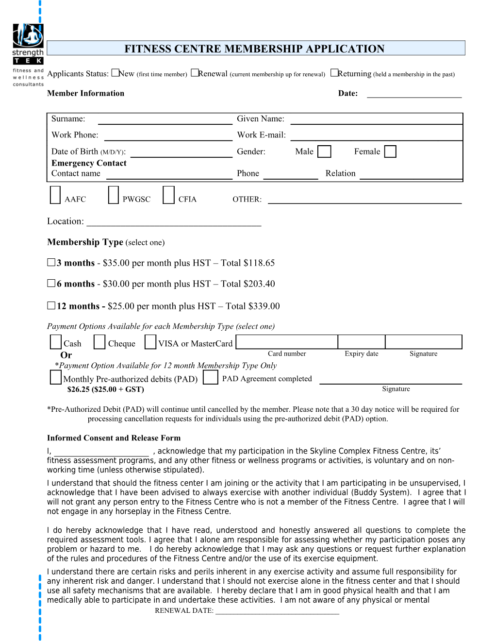 Fitness Centre Membership Application s1