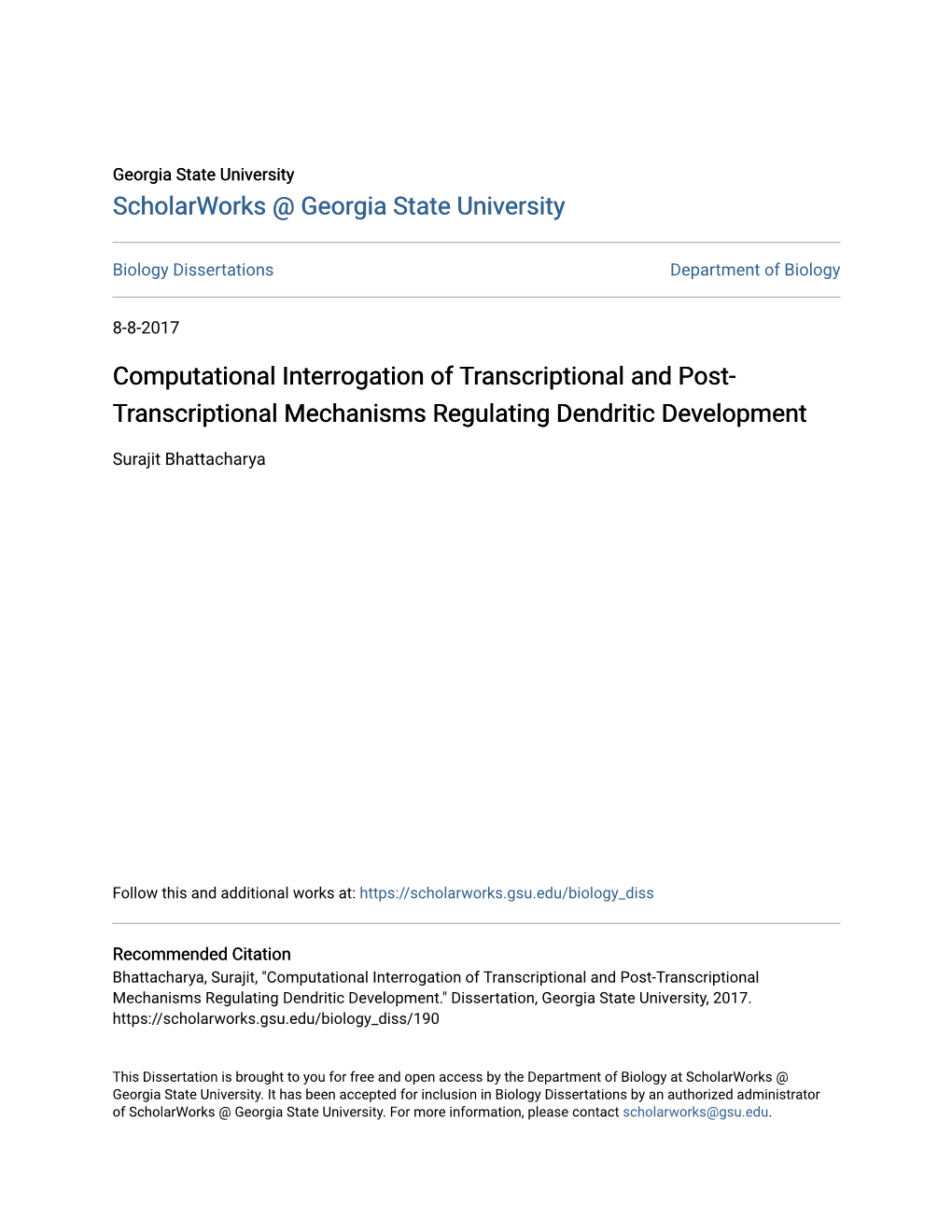 Computational Interrogation of Transcriptional and Post- Transcriptional Mechanisms Regulating Dendritic Development