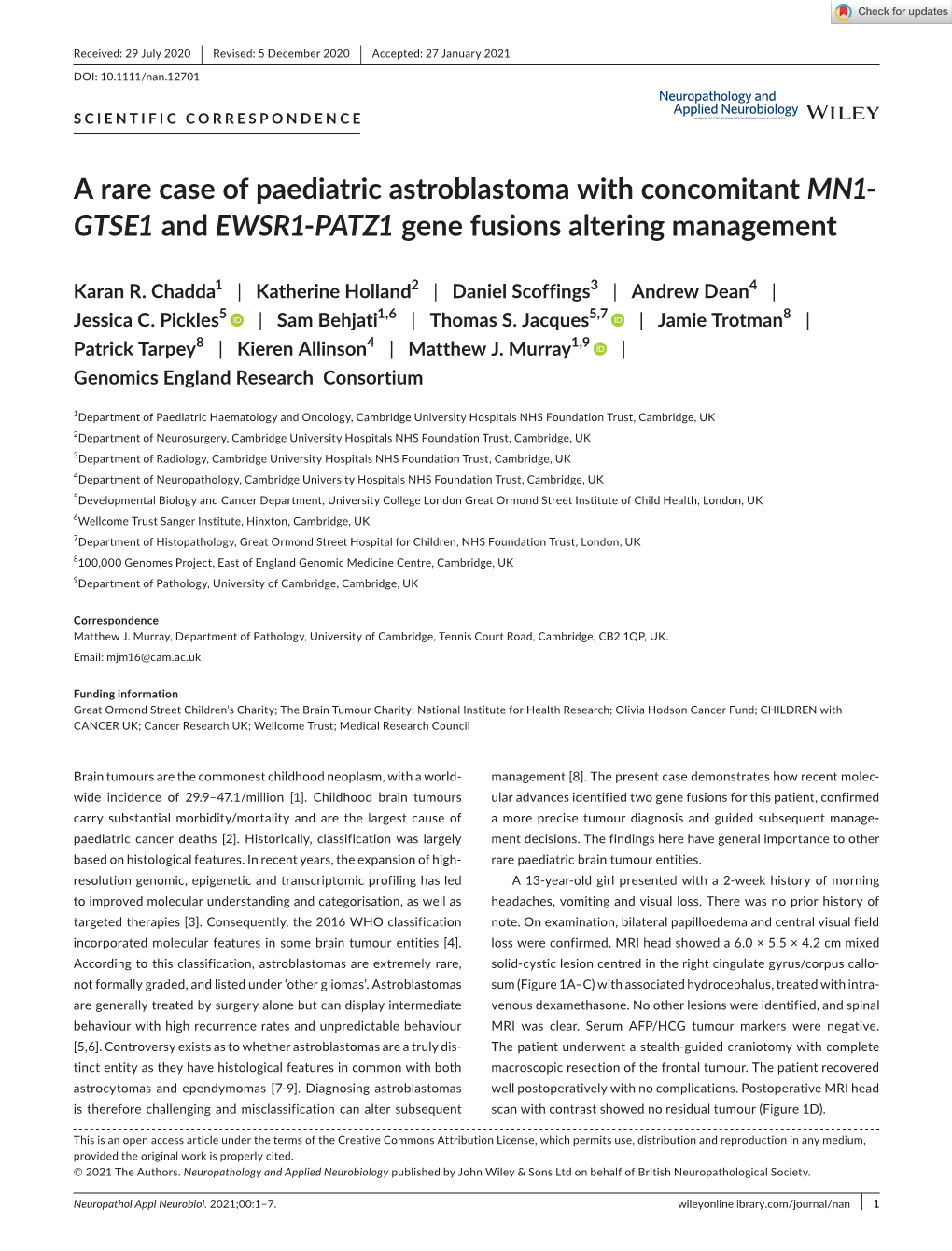 GTSE1 and EWSR1- PATZ1 Gene Fusions Altering Management