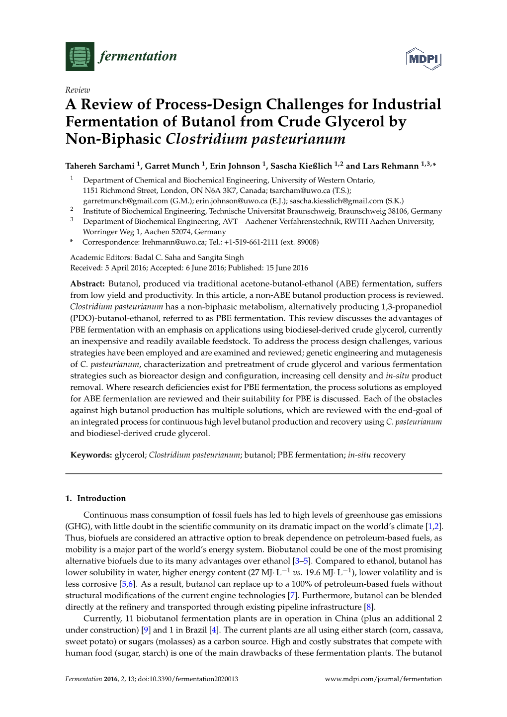 A Review of Process-Design Challenges for Industrial Fermentation of Butanol from Crude Glycerol by Non-Biphasic Clostridium Pasteurianum