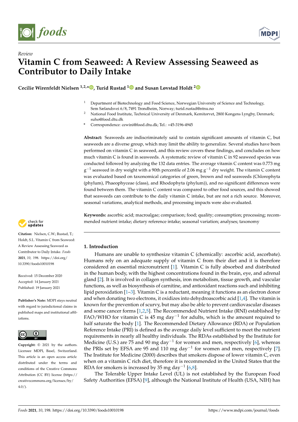 Vitamin C from Seaweed: a Review Assessing Seaweed As Contributor to Daily Intake