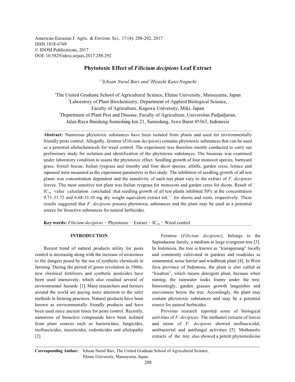 Phytotoxic Effect of Filicium Decipiens Leaf Extract