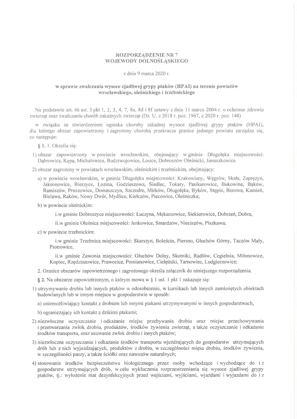 Rozporządzenie Nr 7 Wojewody Dolnośląskiego Z Dnia 9 Marca 2020 R. W Sprawie Zwalczania Wysoce Zjadliwej