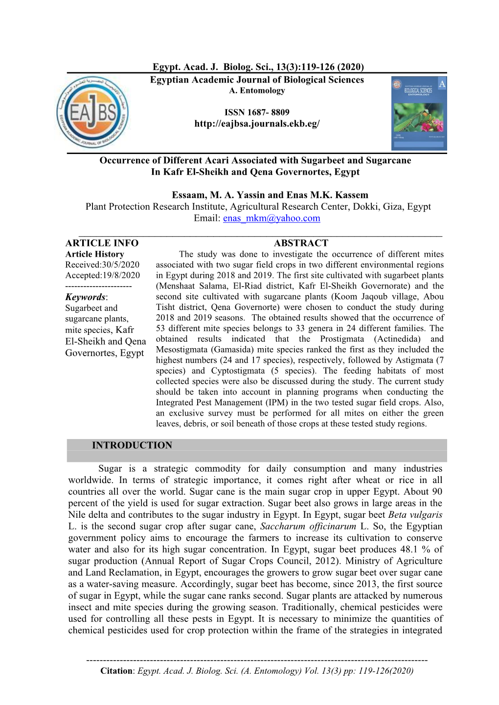Egypt. Acad. J. Biolog. Sci., 13(3):119-126 (2020) Egyptian Academic Journal of Biological Sciences A