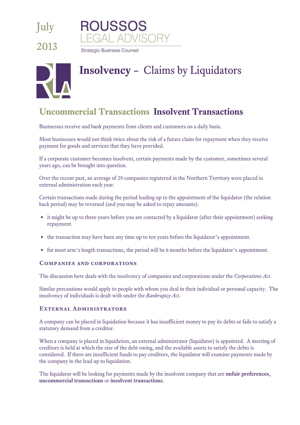 July 2013 Insolvency – Claims by Liquidators