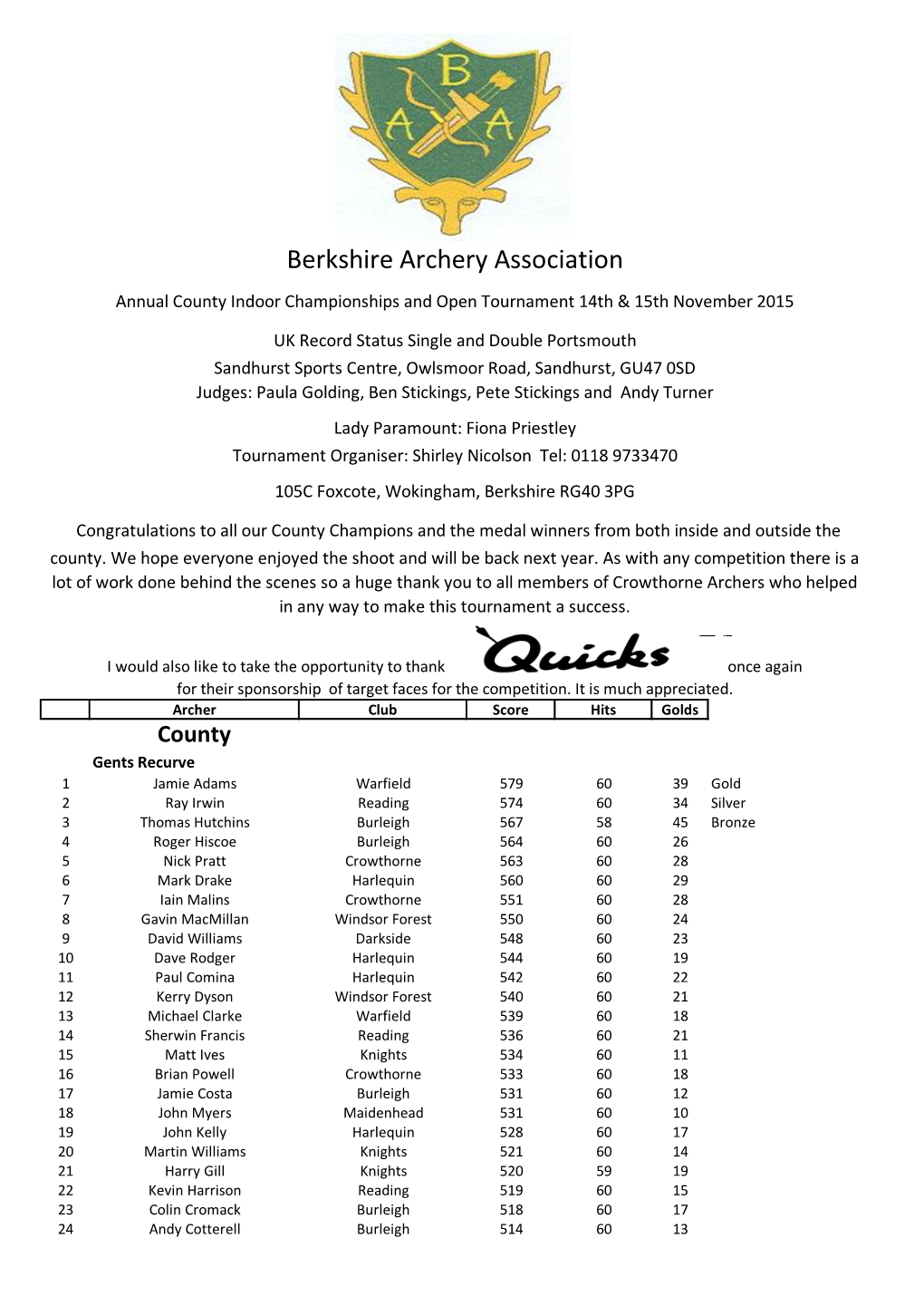 Berkshire Archery Association Annual County Indoor Championships and Open Tournament 14Th & 15Th November 2015