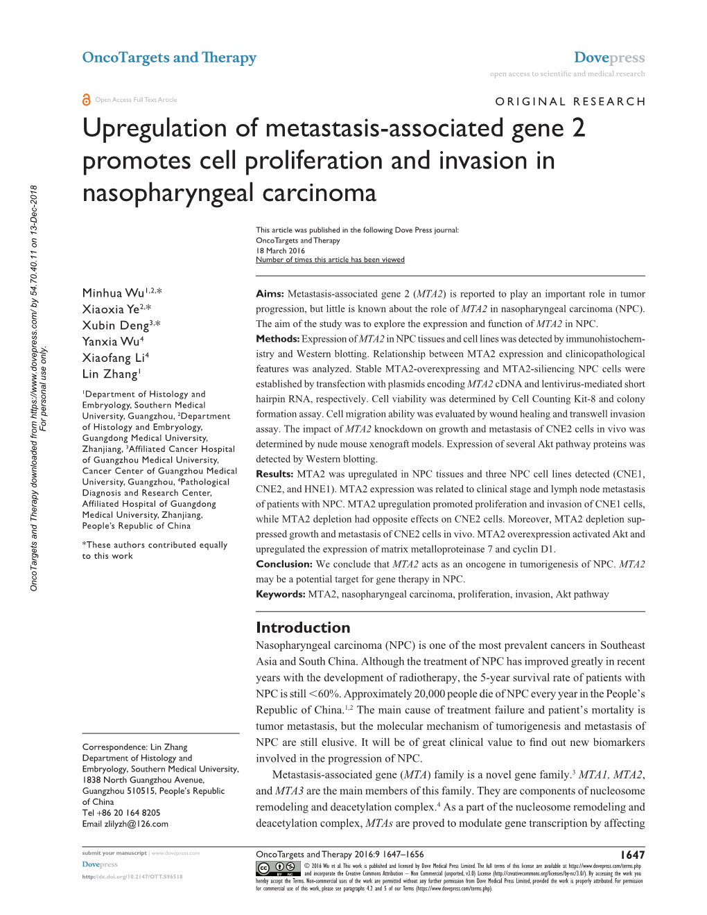 Upregulation of Metastasis-Associated Gene 2 Promotes Cell Proliferation and Invasion in Nasopharyngeal Carcinoma