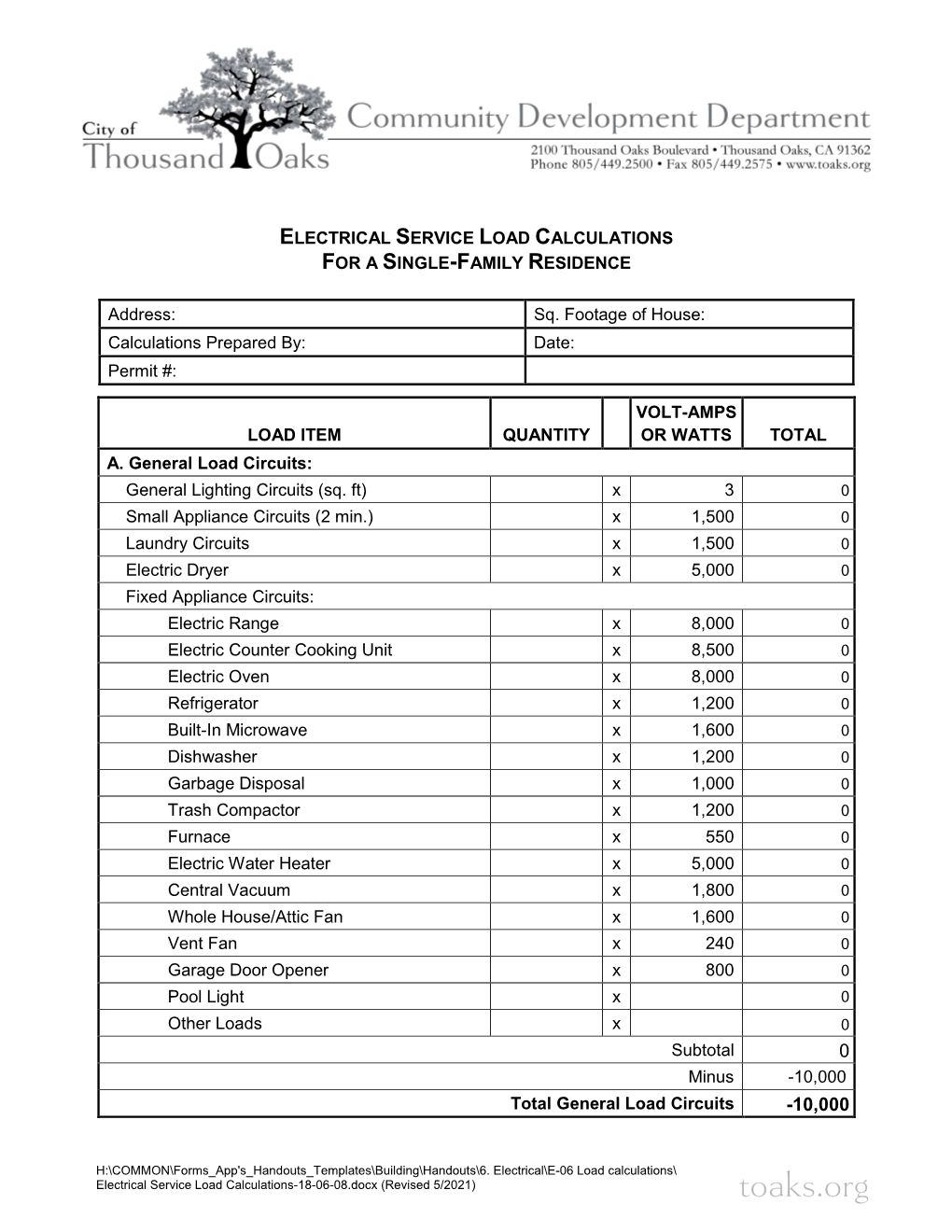 Electrical Service Load Calculations for a Single-Family Residence