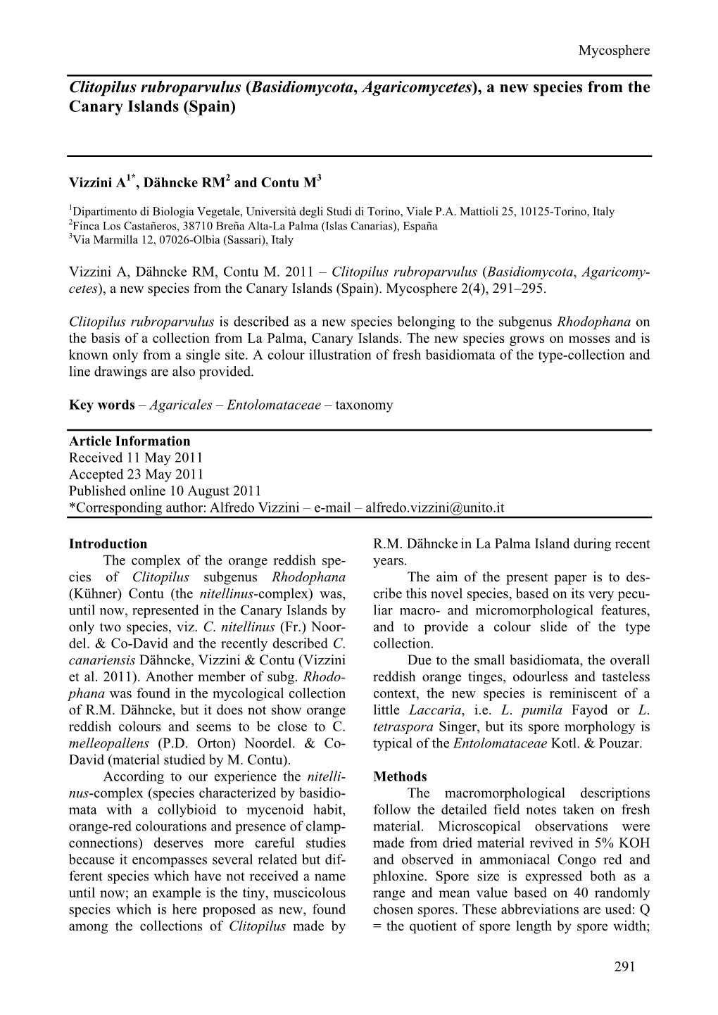 Clitopilus Rubroparvulus (Basidiomycota, Agaricomycetes), a New Species from the Canary Islands (Spain)