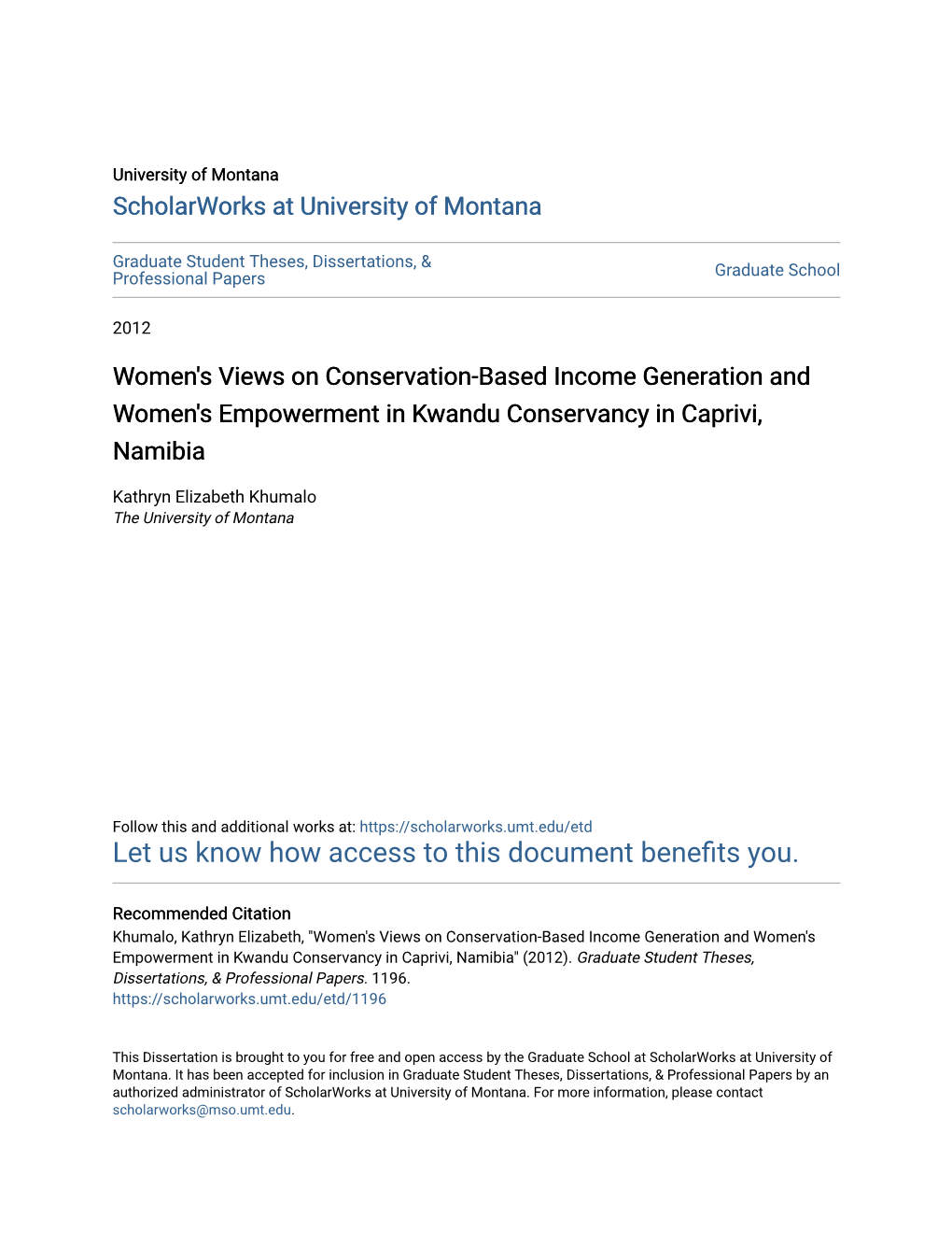 Women's Views on Conservation-Based Income Generation and Women's Empowerment in Kwandu Conservancy in Caprivi, Namibia