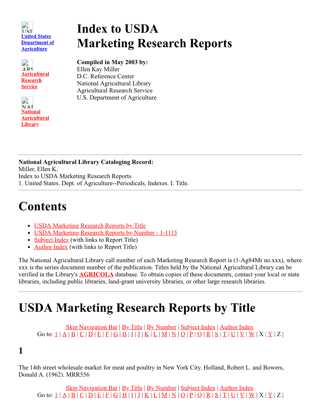 Index to USDA Marketing Research Reports 1