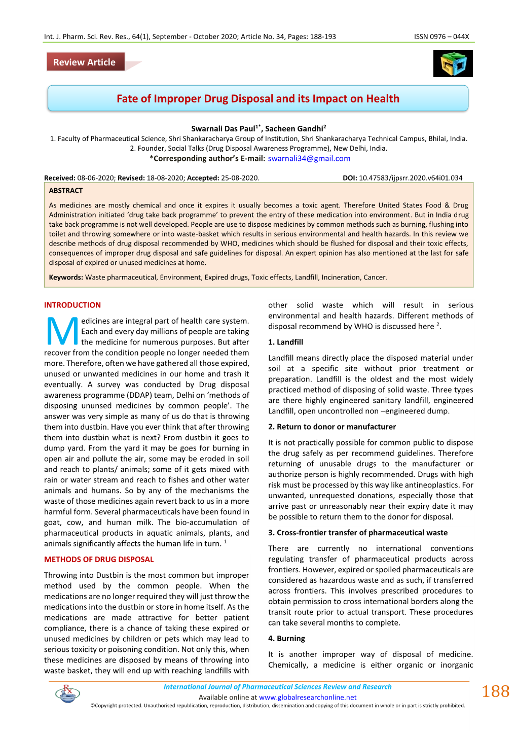 Fate of Improper Drug Disposal and Its Impact on Health