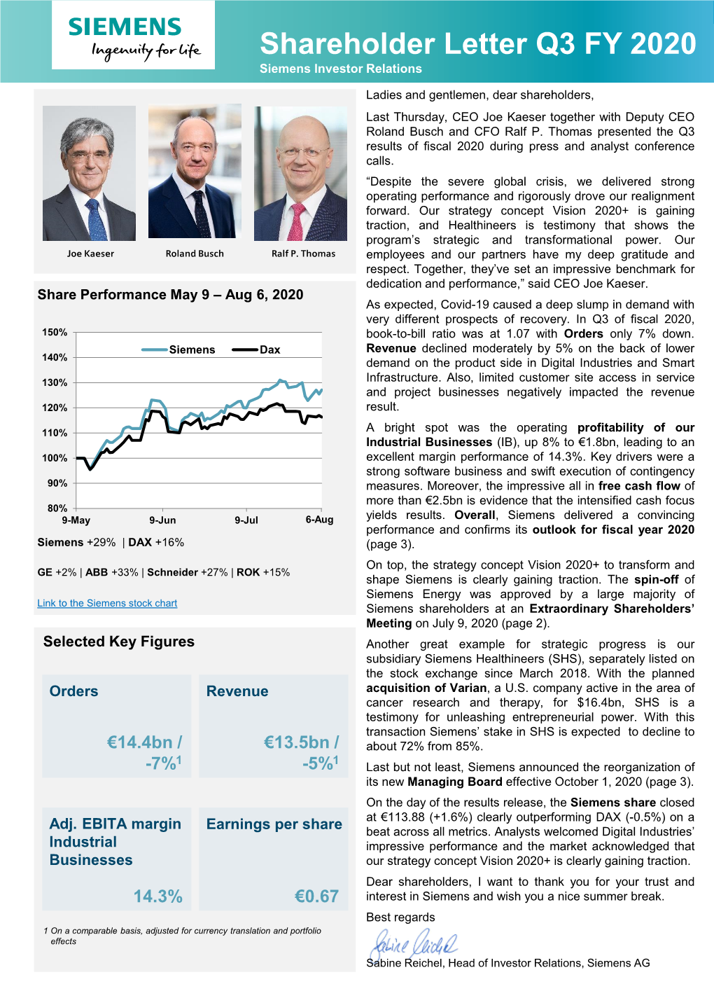 Shareholder Letter Q3 FY 2020 Siemens Investor Relations