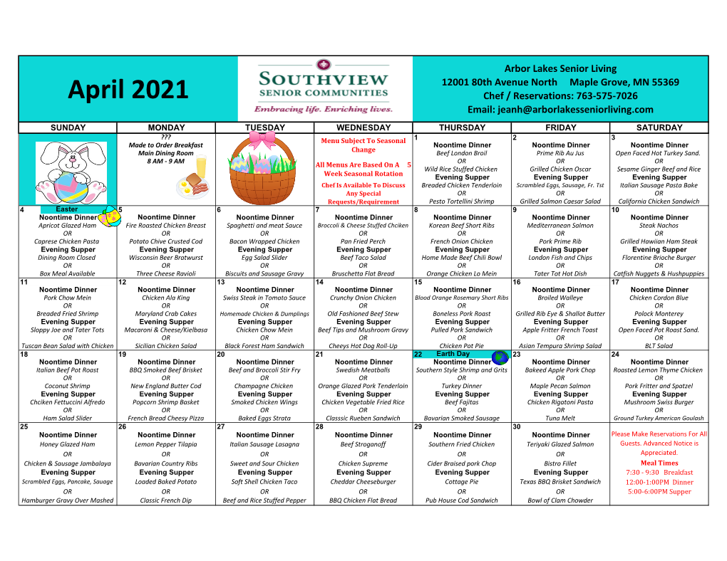 April Dining Menu