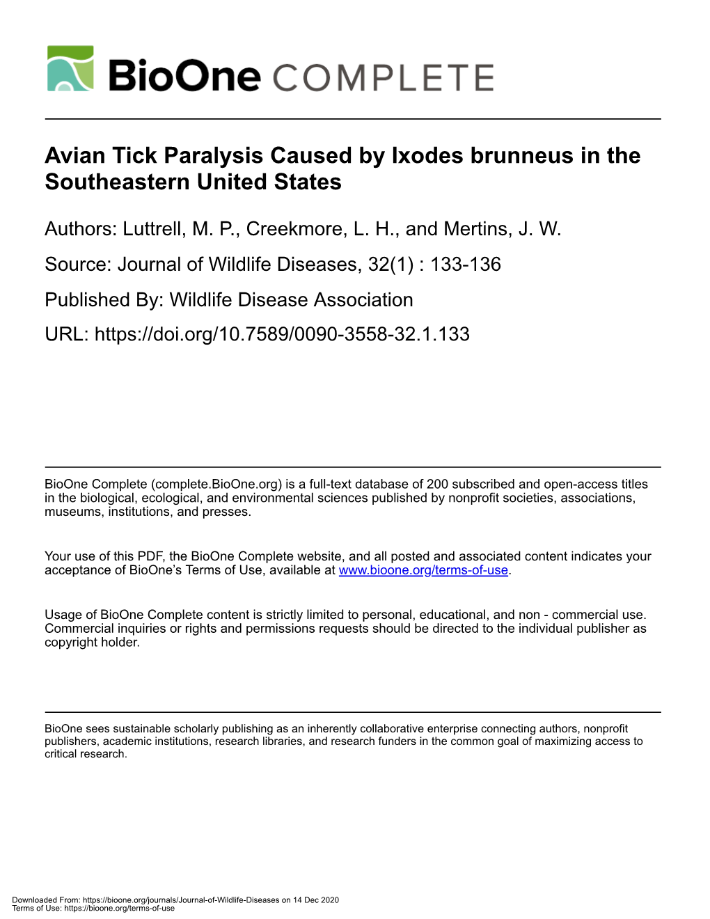 Avian Tick Paralysis Caused by Ixodes Brunneus in the Southeastern United States