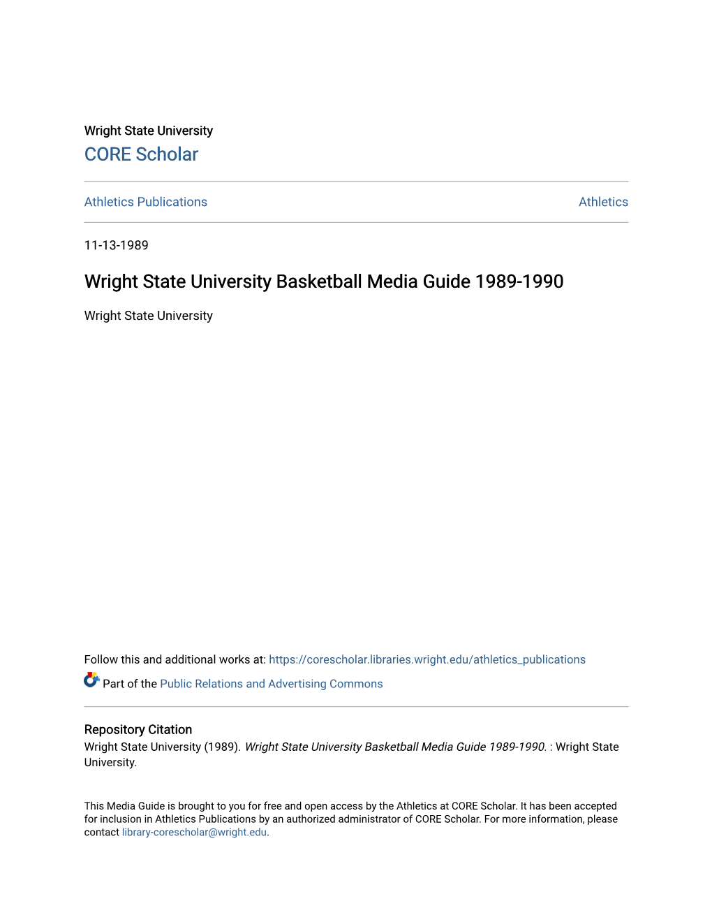 Wright State University Basketball Media Guide 1989-1990