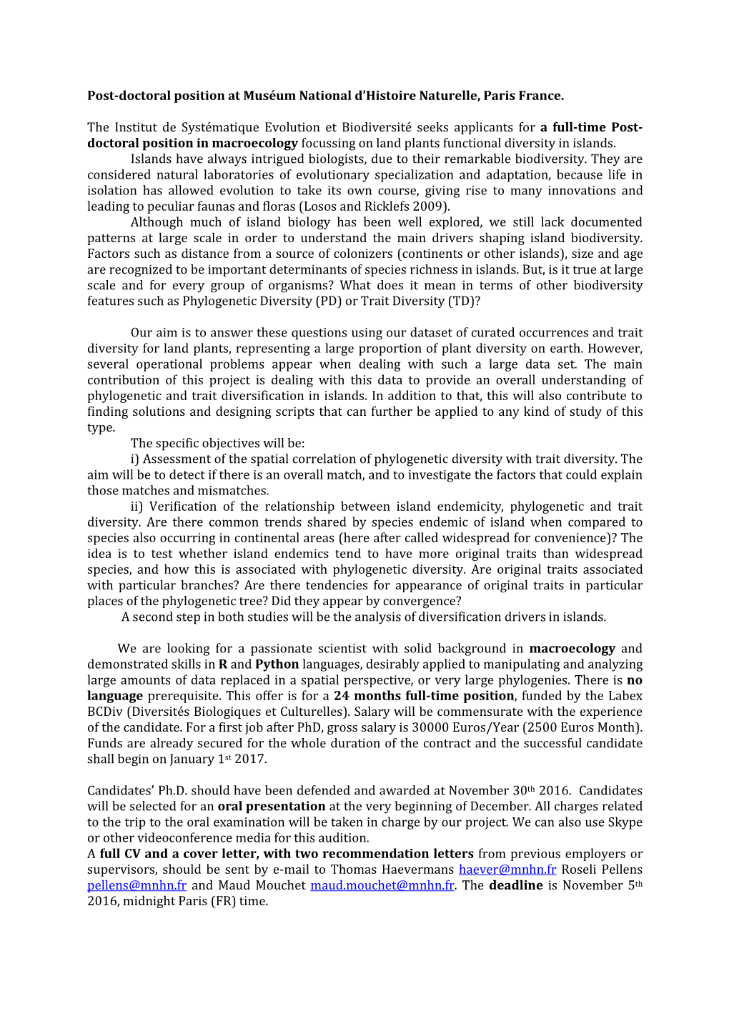 Post-Doctoral Position at Muséum National D'histoire Naturelle, Paris