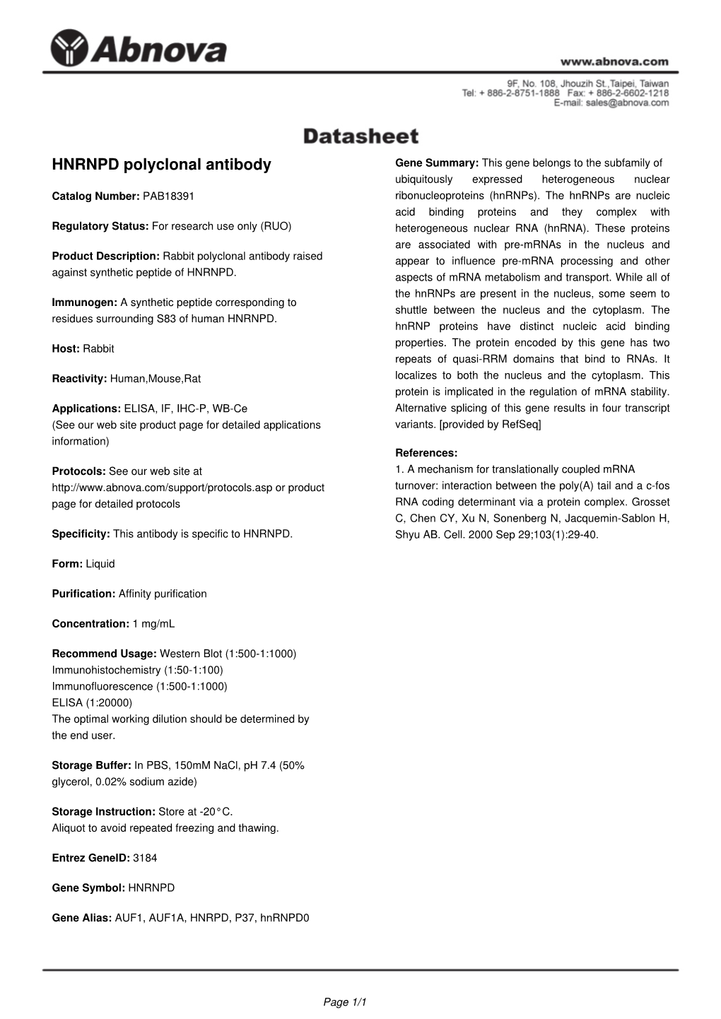 HNRNPD Polyclonal Antibody