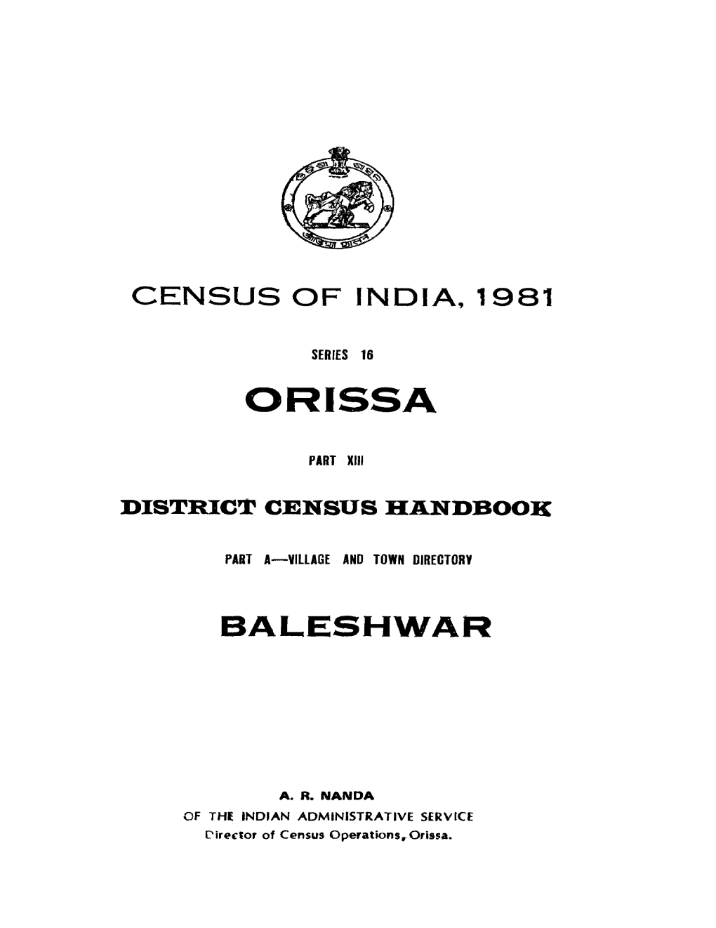 Village and Town Directory, Baleshwar, Part -A, Series-16, Orissa