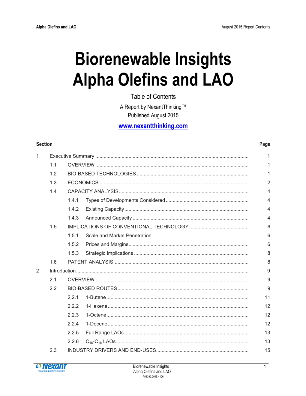 Alpha Olefins and LAO August 2015 Report Contents