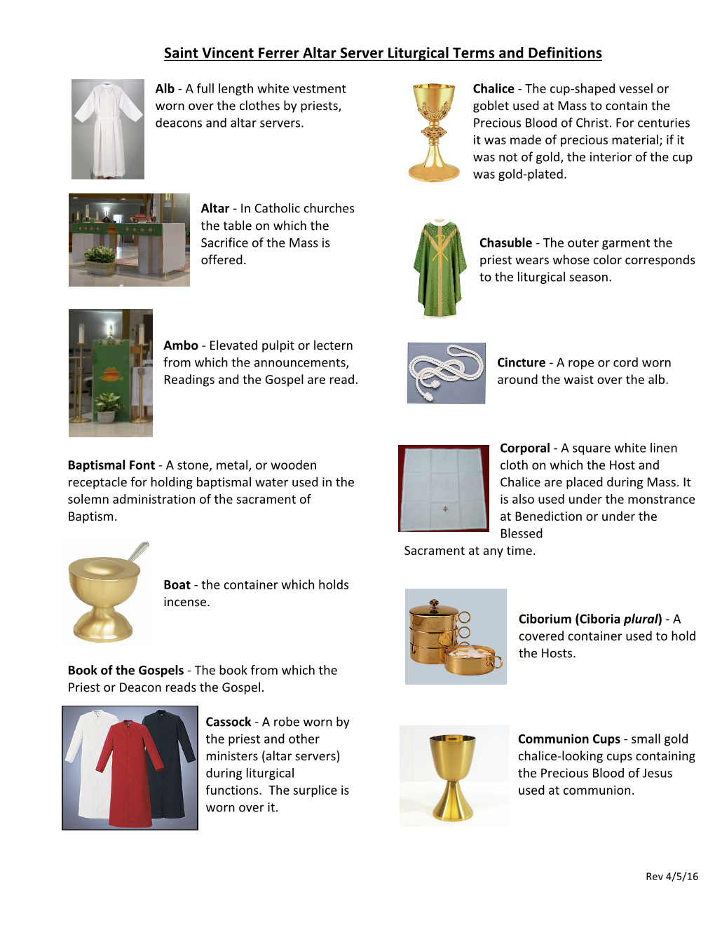 Saint Vincent Ferrer Altar Server Liturgical Terms and Definitions