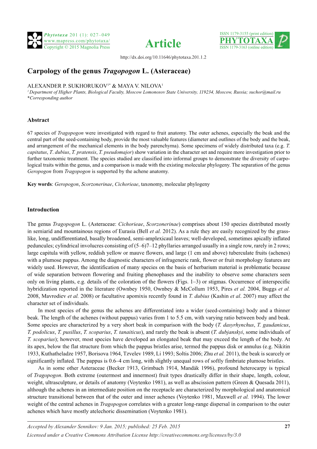 Carpology of the Genus Tragopogon L. (Asteraceae)