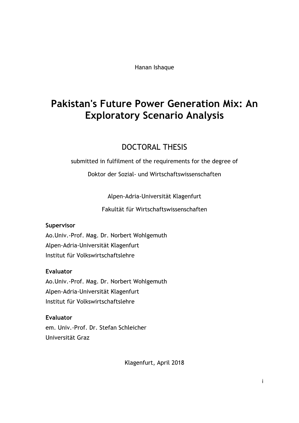 Pakistan's Future Power Generation Mix: an Exploratory Scenario Analysis