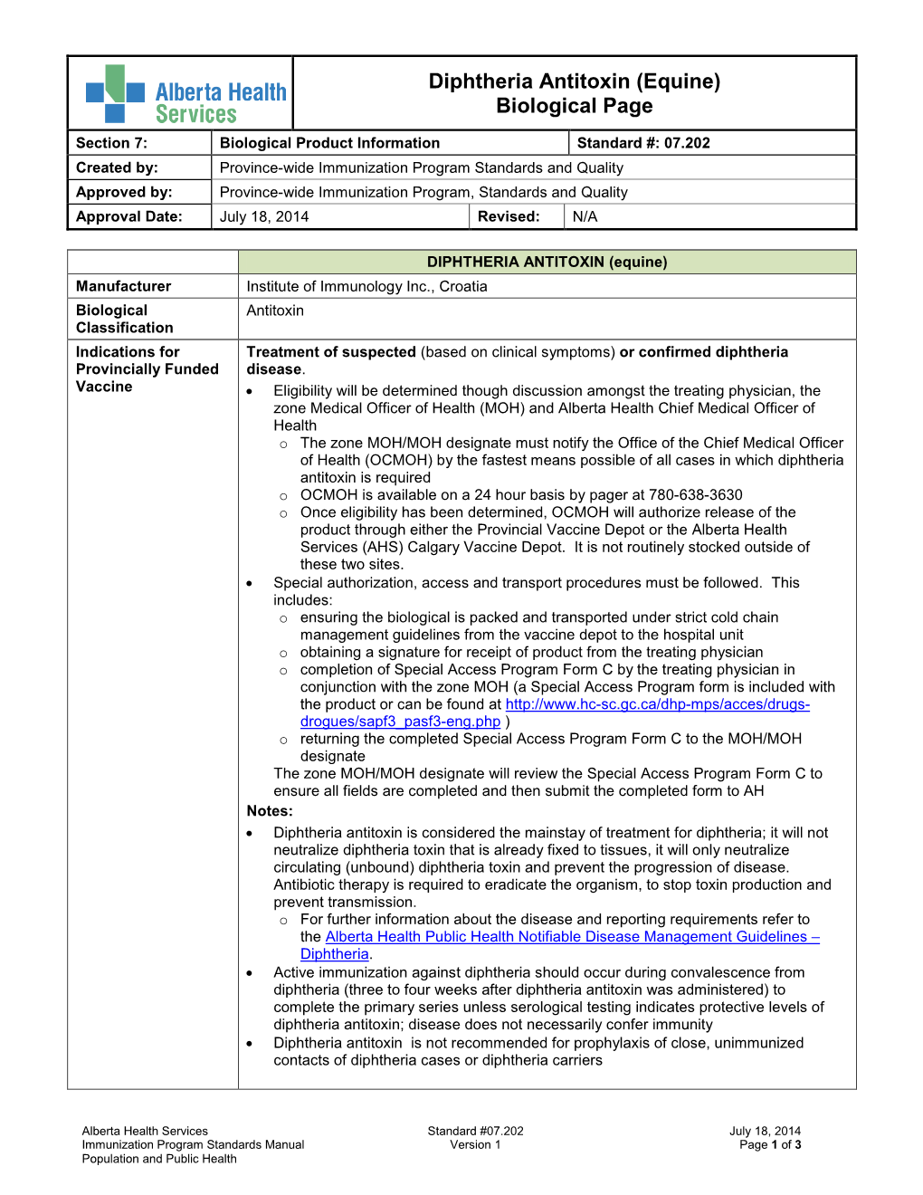 07.202 Diphtheria Antitoxin (Equine) Biological Page