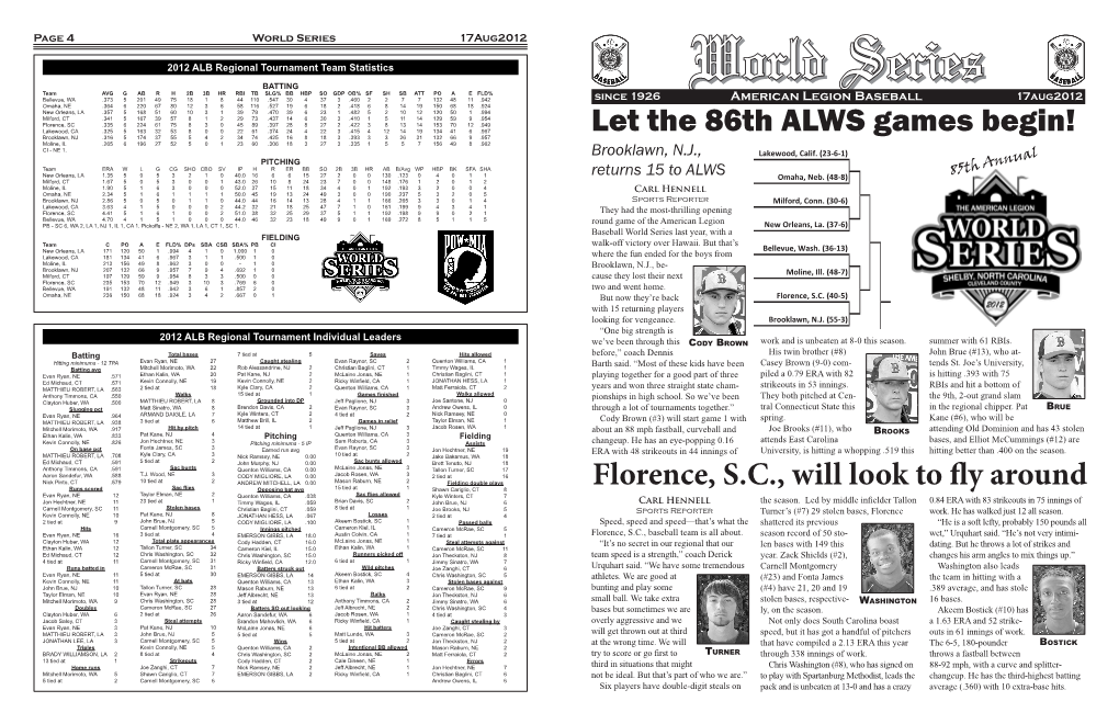 Florence, S.C., Will Look to Fly Around Let the 86Th ALWS Games Begin!