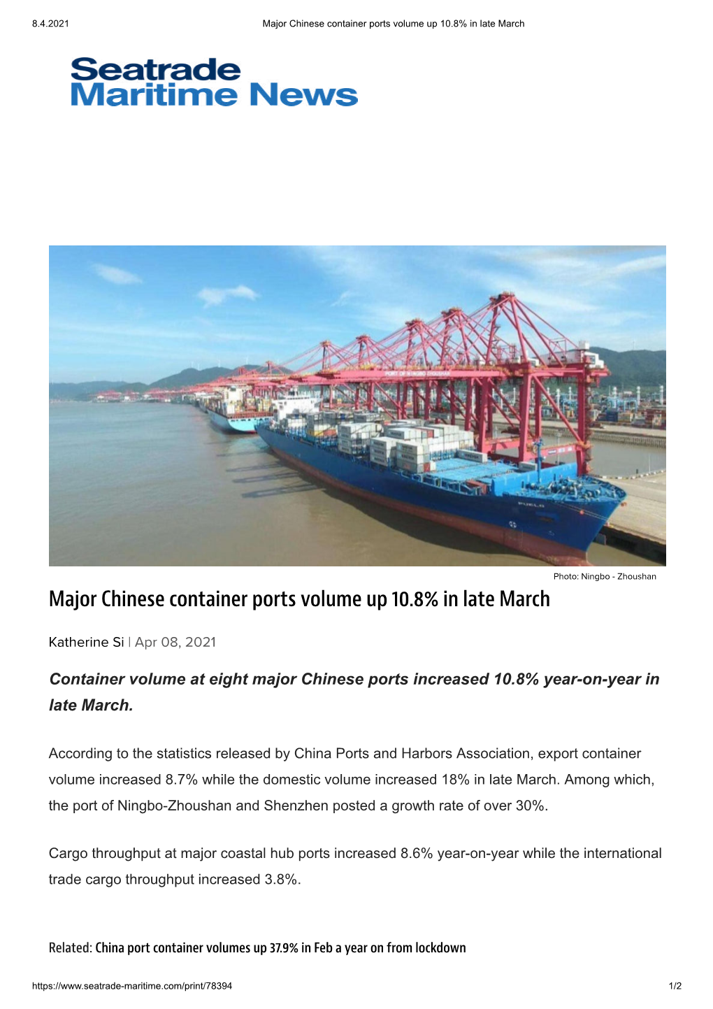Major Chinese Container Ports Volume up 10.8% in Late March