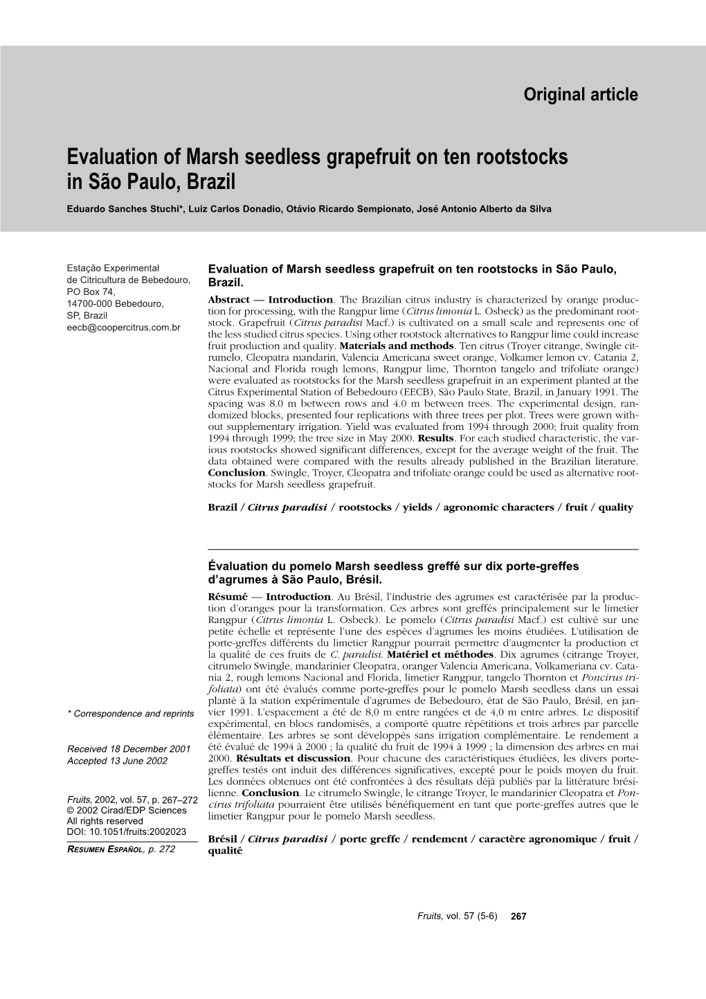 Evaluation of Marsh Seedless Grapefruit on Ten Rootstocks in São Paulo, Brazil