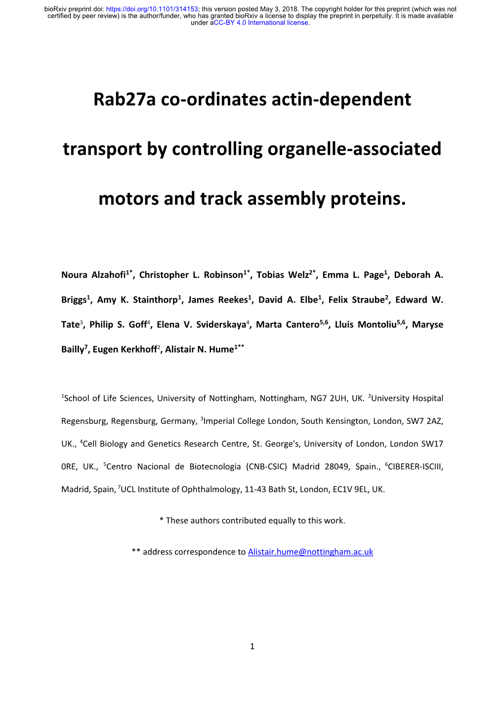 Rab27a Co-Ordinates Actin-Dependent Transport