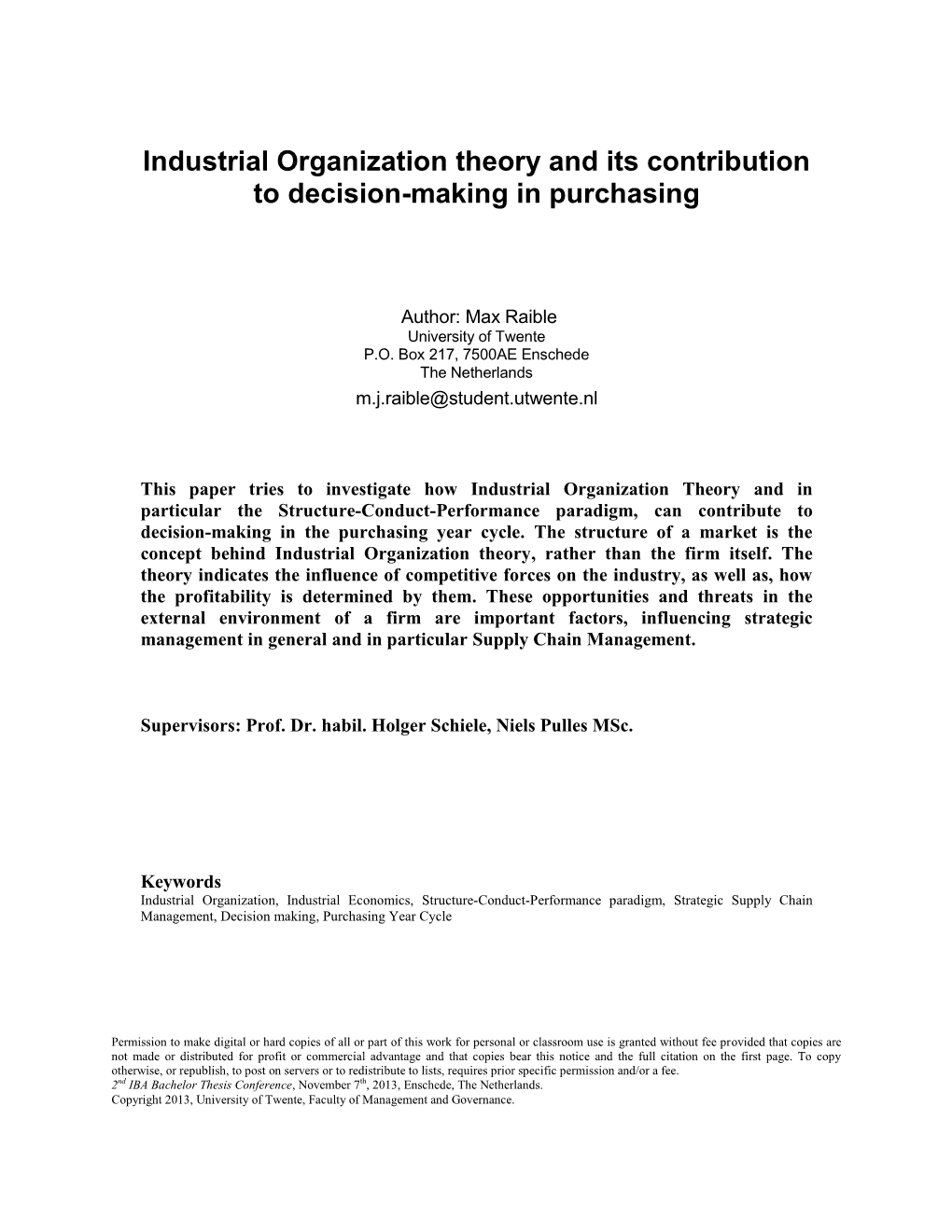 Industrial Organization Theory and Its Contribution to Decision-Making in Purchasing