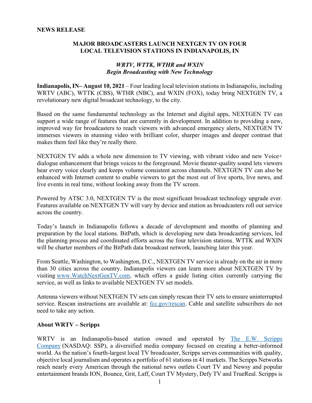 1 News Release Major Broadcasters Launch Nextgen Tv on Four Local Television Stations in Indianapolis, in Wrtv, Wttk, Wthr