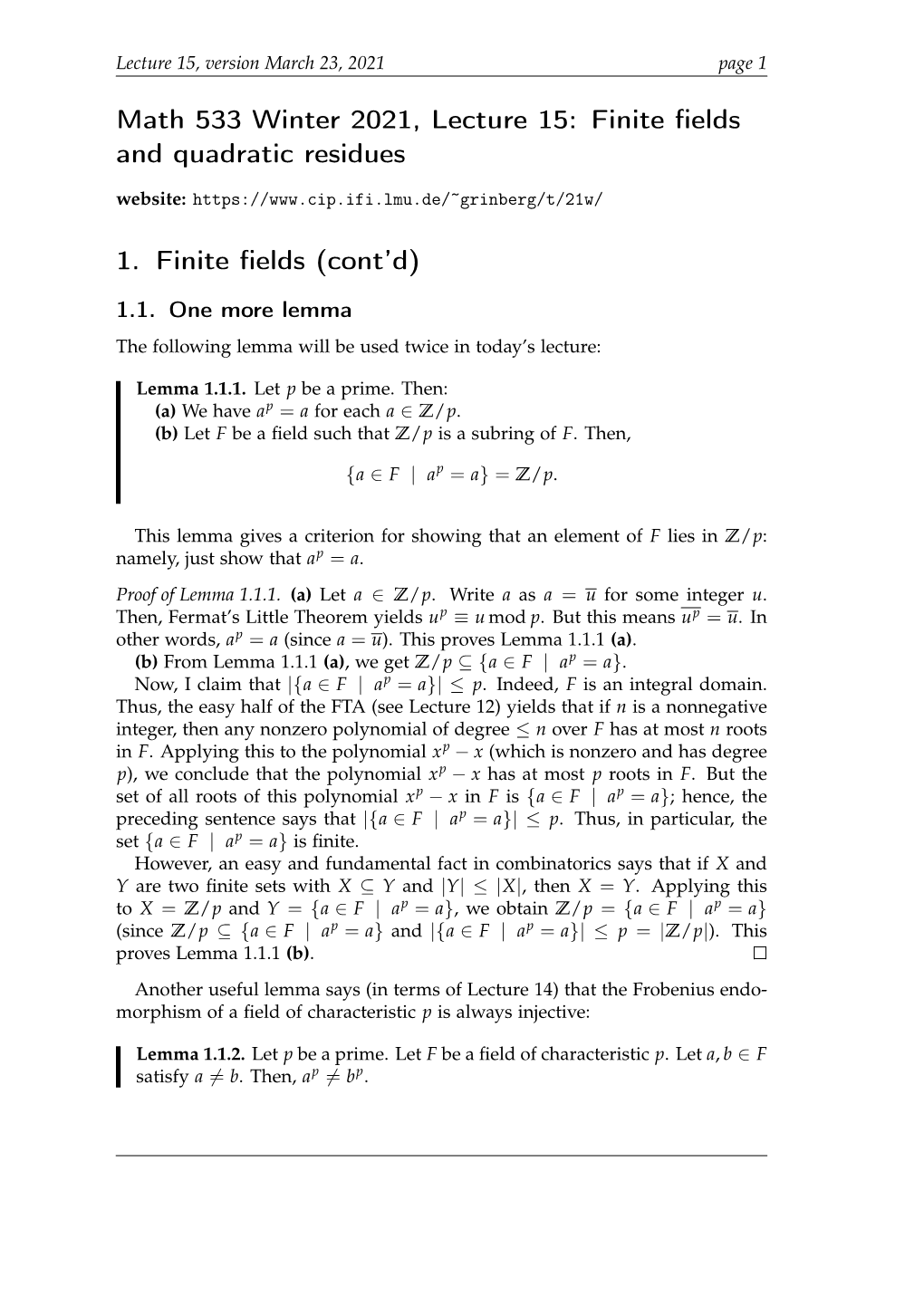 Math 533 Winter 2021, Lecture 15: Finite Fields and Quadratic Residues