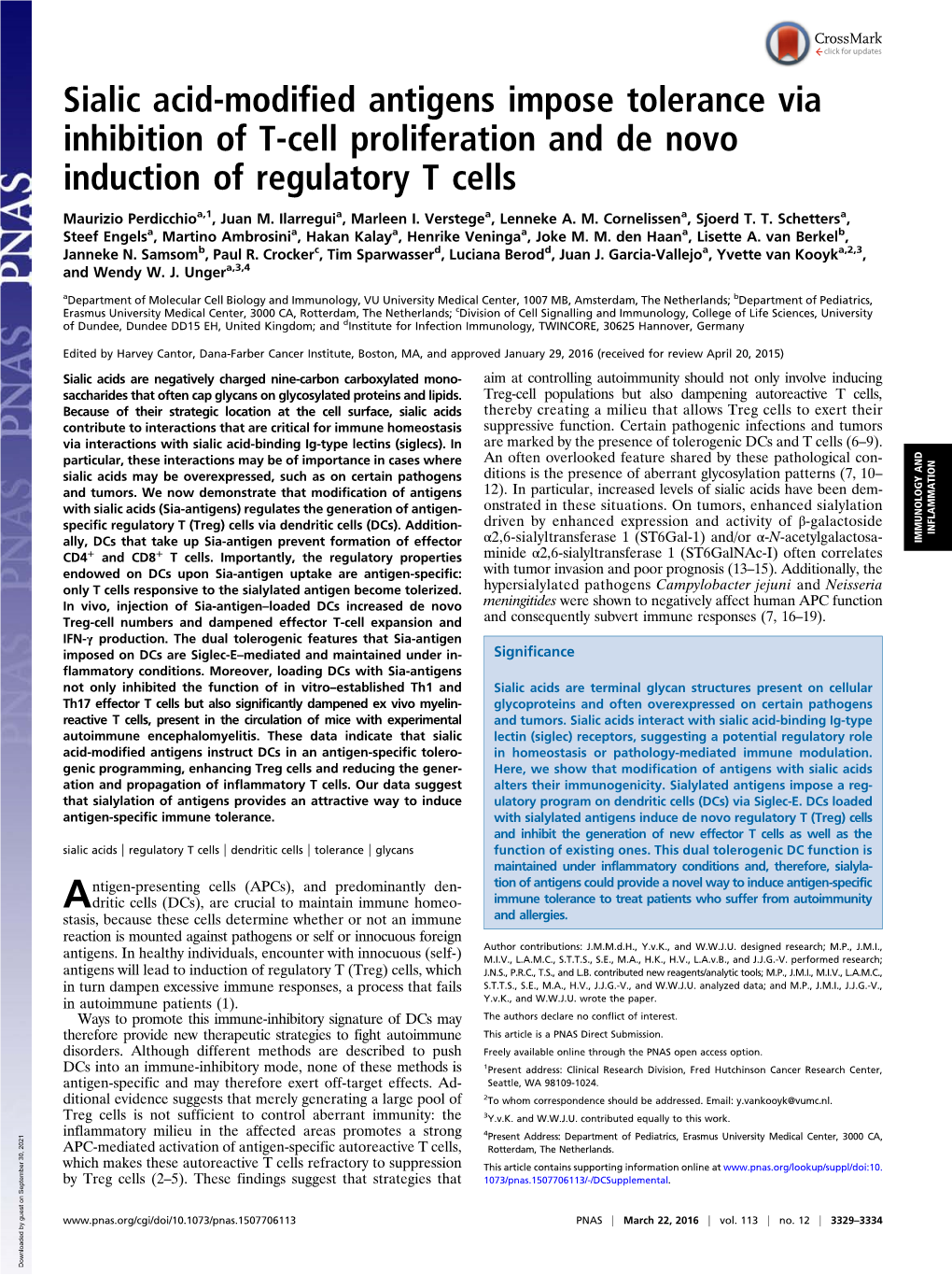 Sialic Acid-Modified Antigens Impose Tolerance Via Inhibition of T-Cell Proliferation and De Novo Induction of Regulatory T Cells