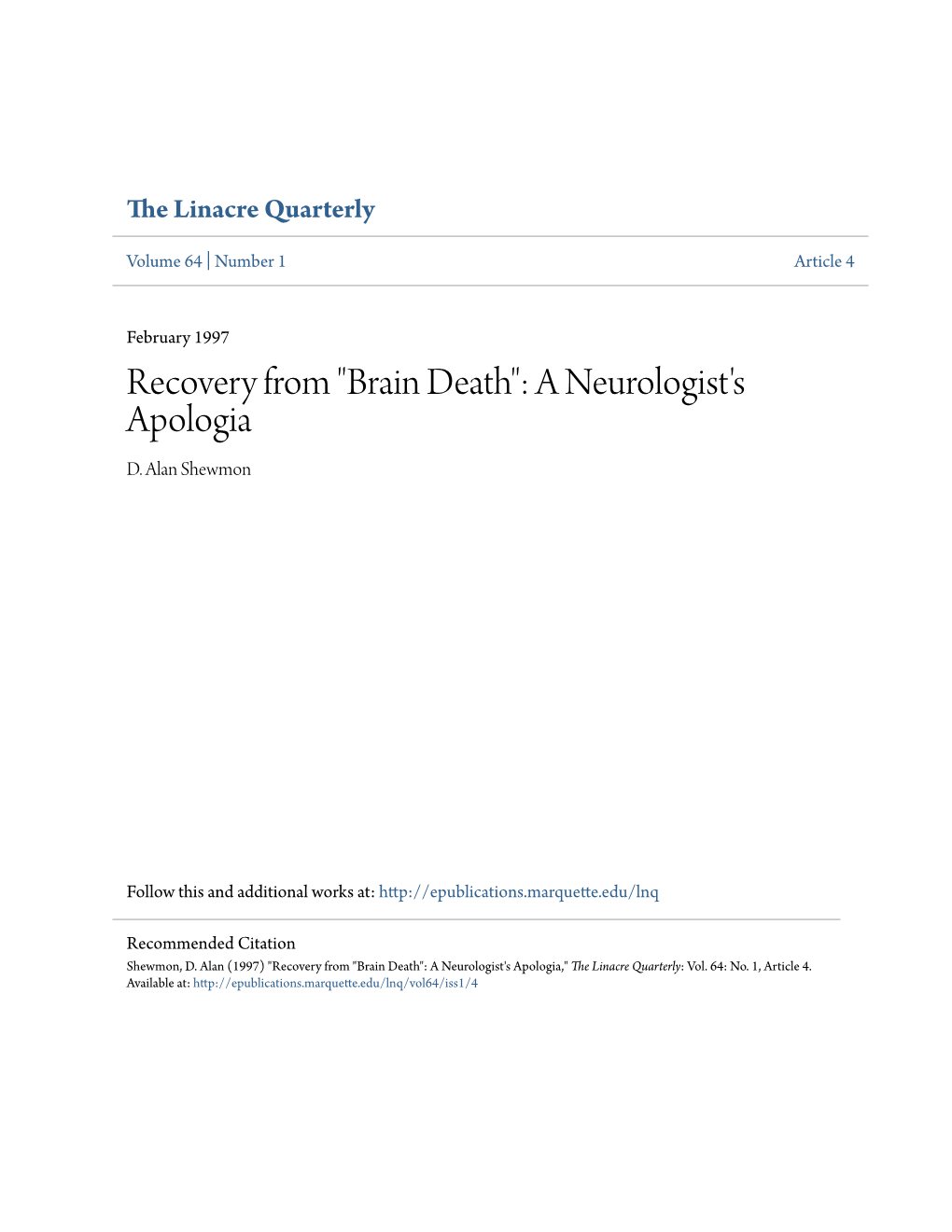 Brain Death": a Neurologist's Apologia D