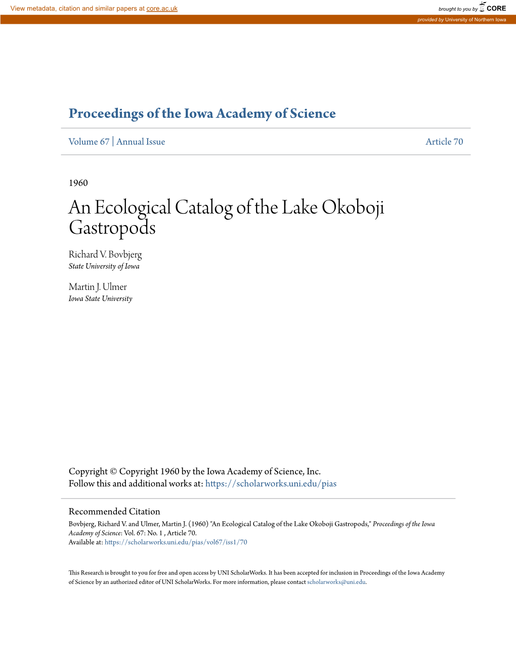 An Ecological Catalog of the Lake Okoboji Gastropods Richard V