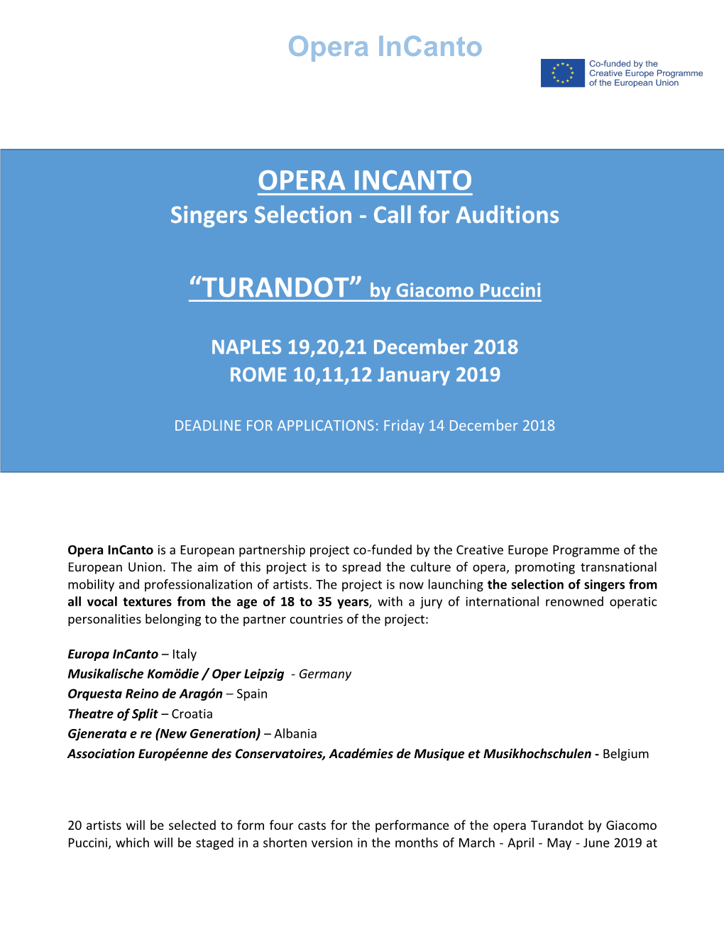 OPERA INCANTO Singers Selection - Call for Auditions