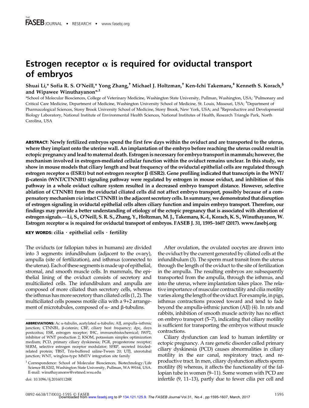 Estrogen Receptor Α Is Required for Oviductal Transport of Embryos